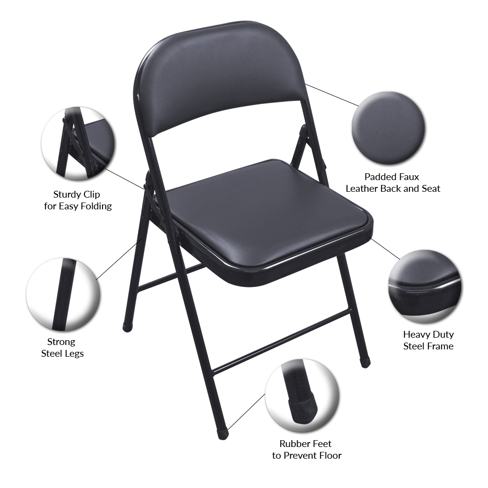 Black folding faux leather portable event chair with padded seat and backrest on sturdy metal legs, folded flat for storage