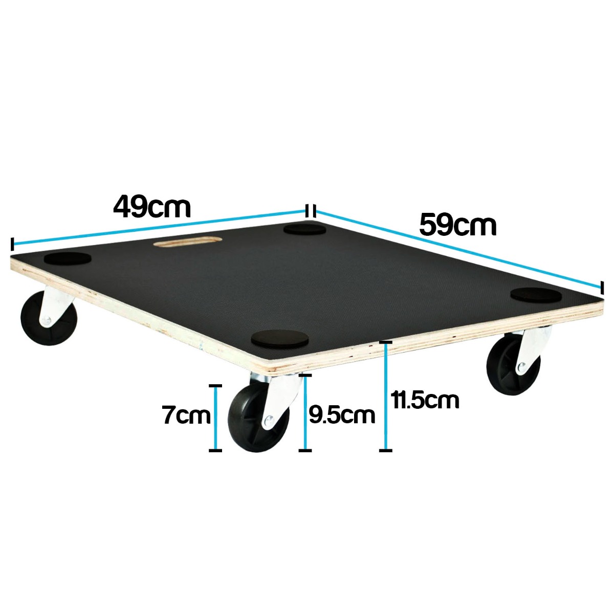 Wooden anti slip transport roller with 4 swivel wheels, 59cm x 49cm platform, and corner pads for stability