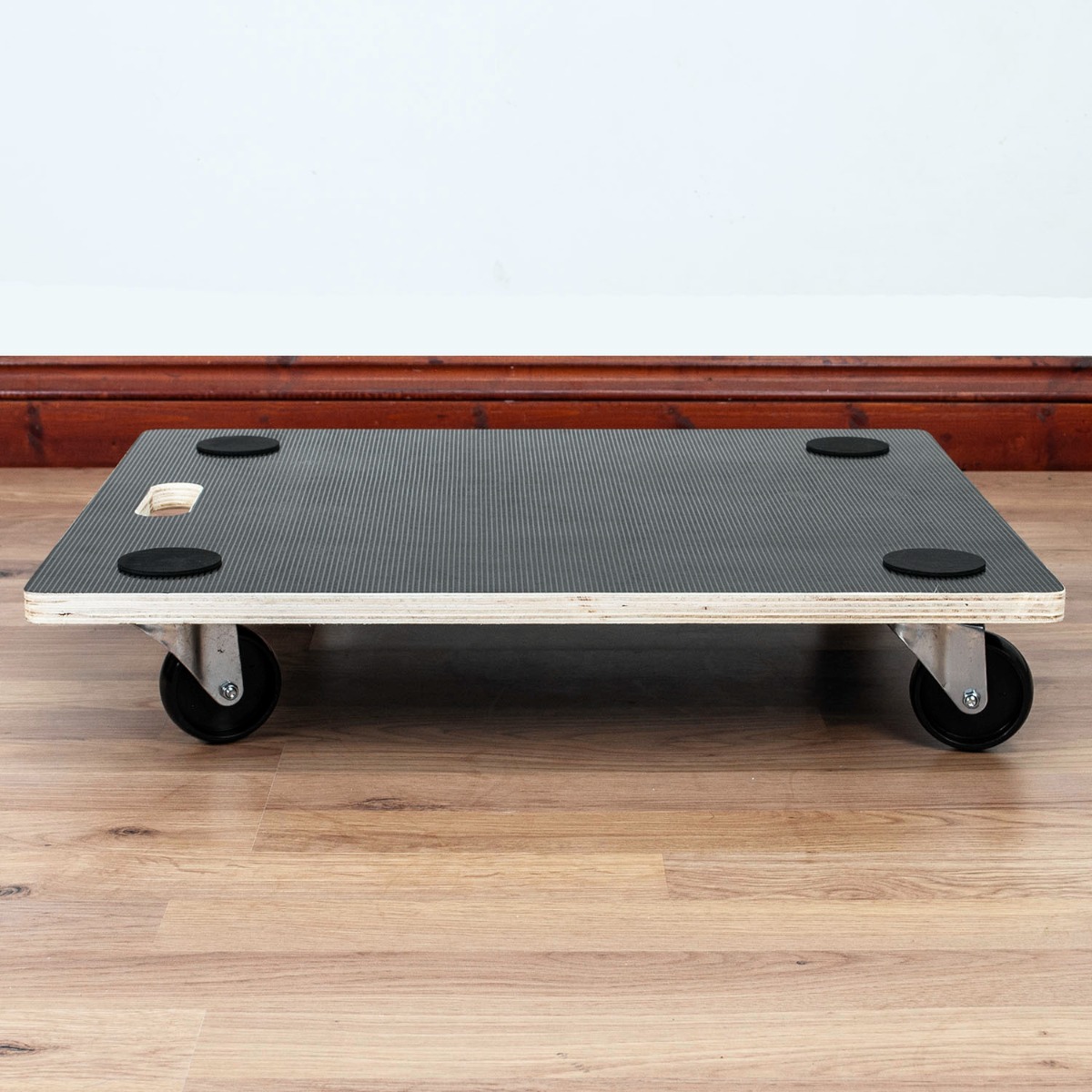 Wooden dolly trolley with 4 swivel wheels, 59cm x 49cm platform, anti-slip surface, and corner pads for heavy items up to 150kg