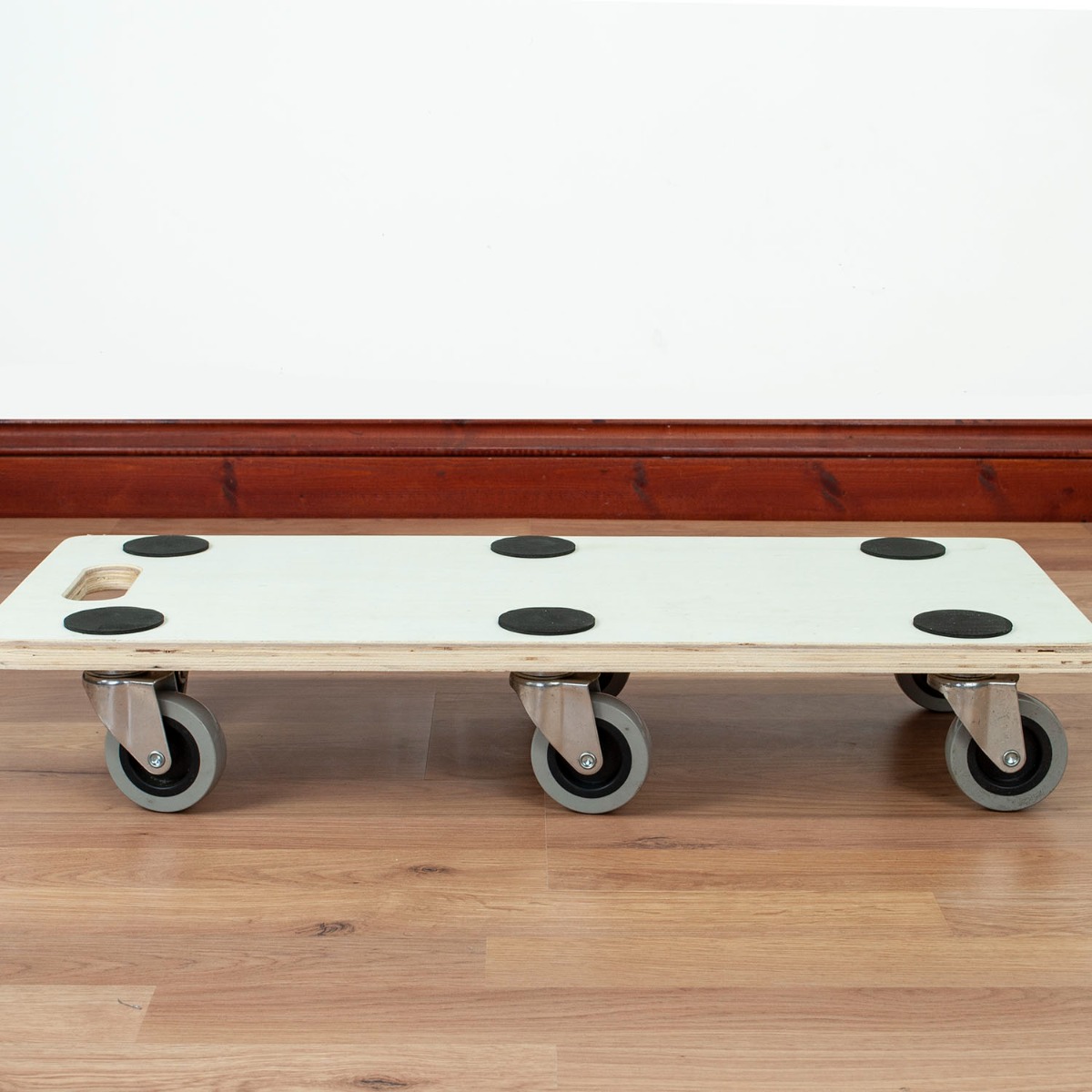 Wooden transport roller with six swivel wheels and anti-slip surface, 68cm by 29cm platform for heavy items up to 150kg