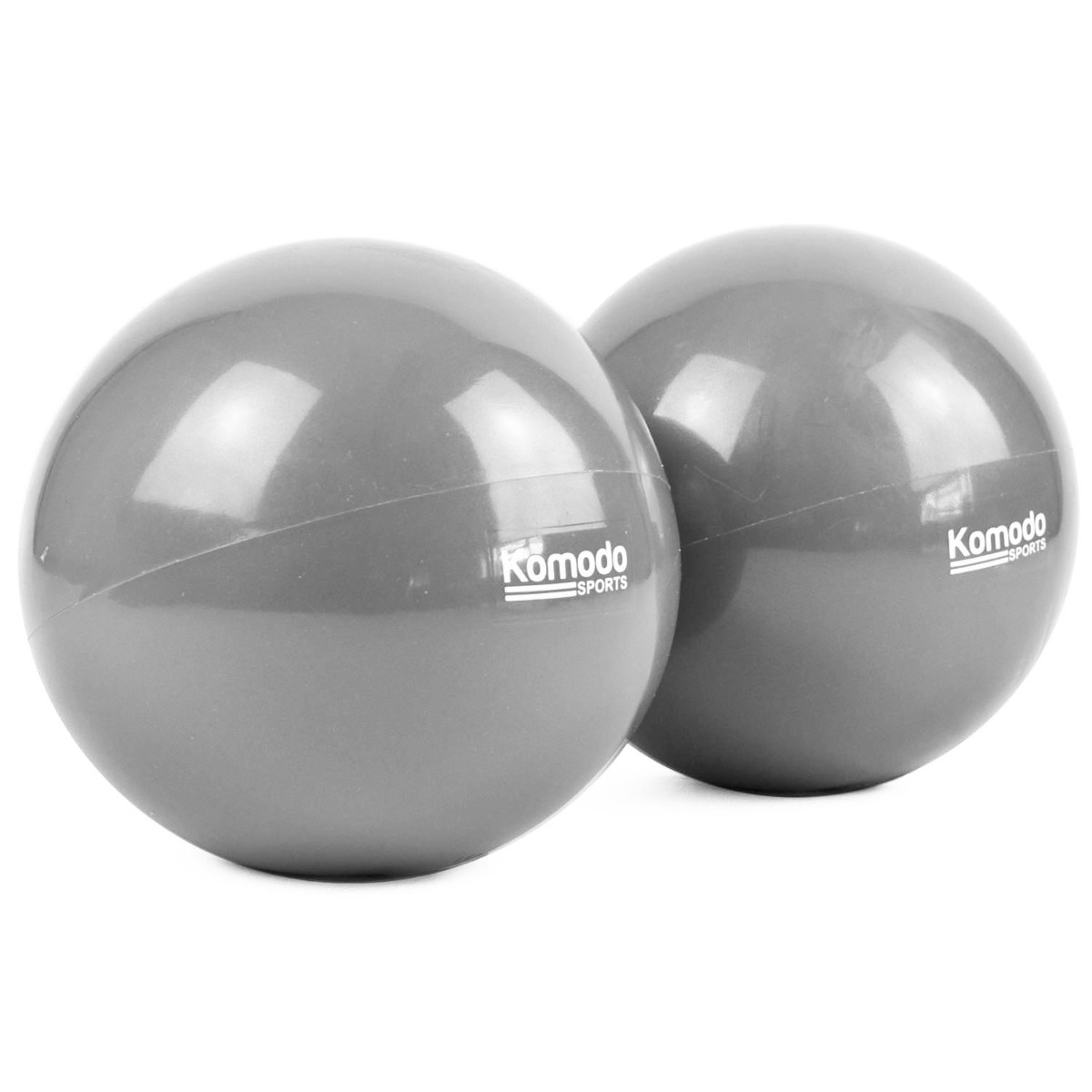 Pair of grey hand held weighted balls, each 0.5kg, made of PVC with a smooth grip and sand-filled for balance training