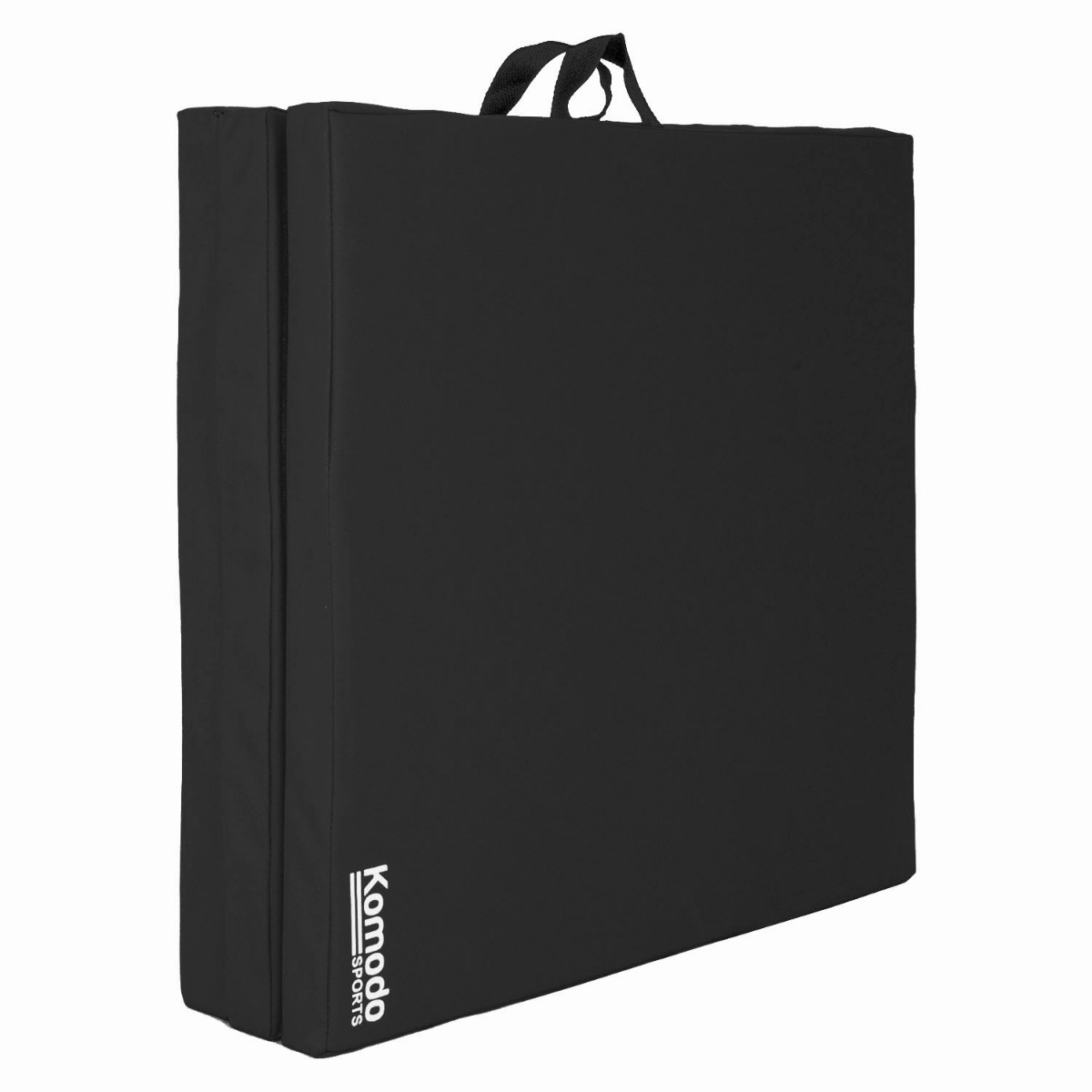 Black Komodo tri folding yoga mat folded with built-in handles for easy carrying and compact storage on white background