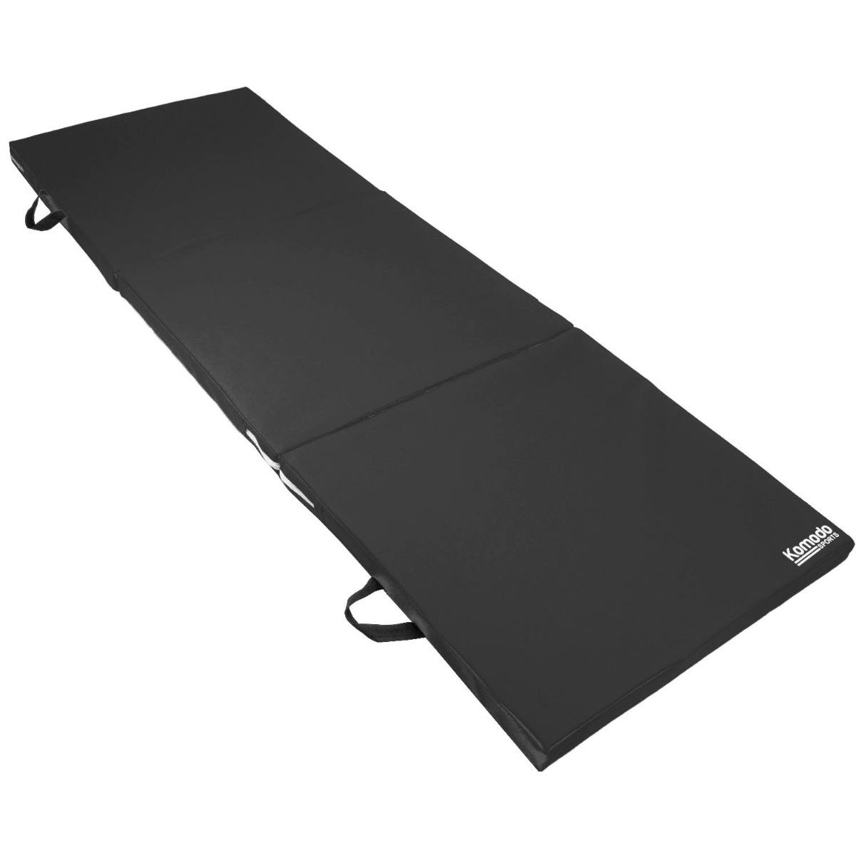 Black Komodo tri folding pilates exercise mat folded with built-in handles for easy carrying and storage on a white background