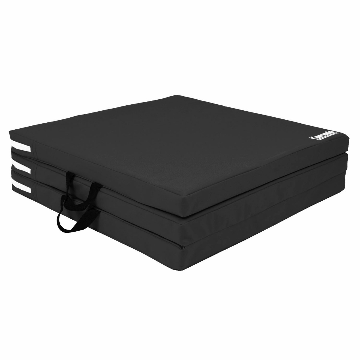 Black Komodo tri folding portable gym mat folded with built-in handles for easy carrying and storage on white background