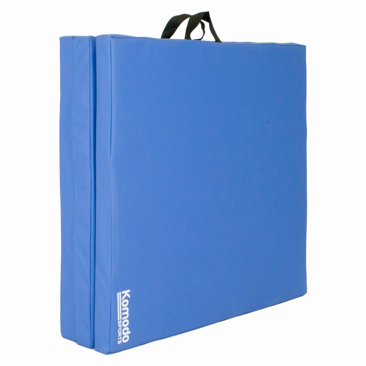 Blue Komodo tri folding yoga mat folded in three sections with built-in handles for easy carrying and storage
