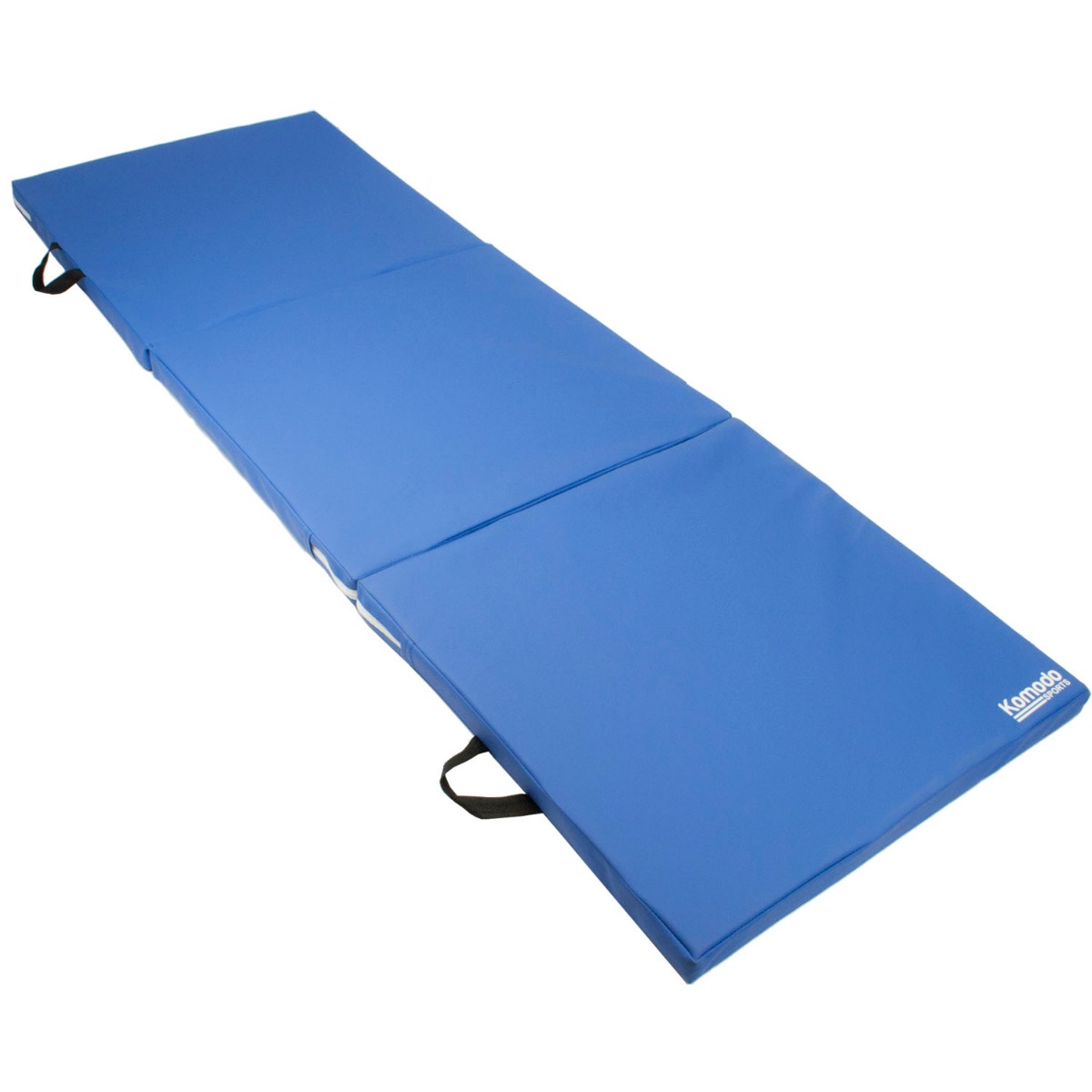 Blue Komodo tri folding pilates exercise mat folded with built-in handles for easy carrying and storage on white background