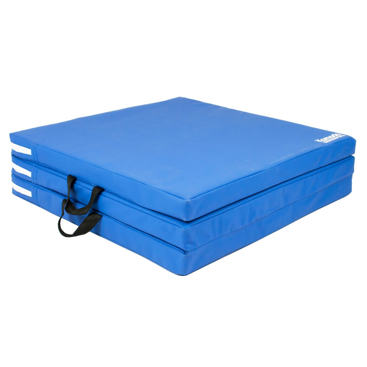 Blue Komodo tri folding portable fitness mat folded with built-in handles for easy carrying and storage