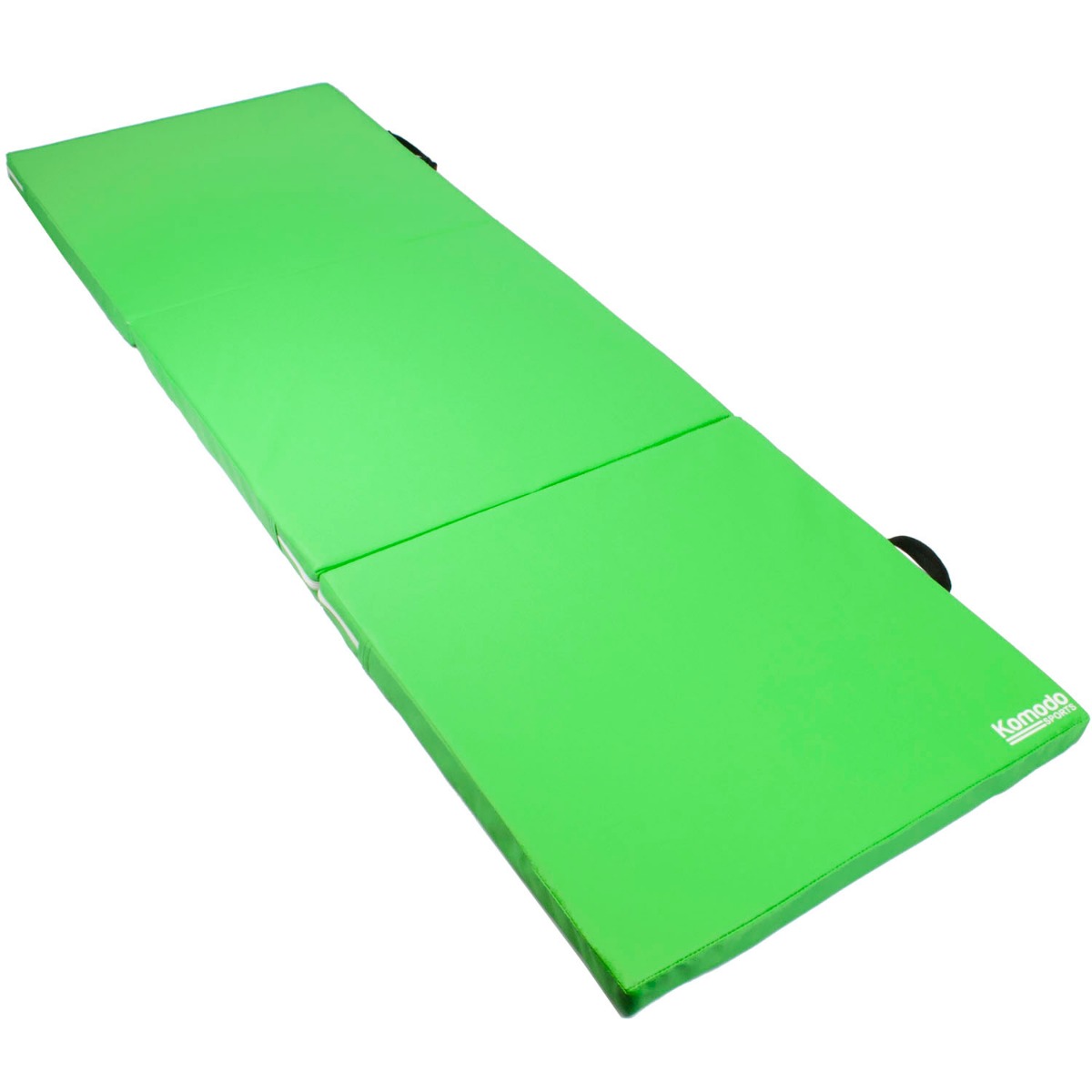 Green Komodo tri folding pilates exercise mat folded with built-in handles for easy carrying and storage on white background