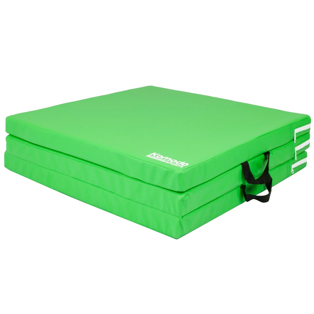 Green Komodo tri folding portable workout mat folded with handles for easy carrying and storage on a white background