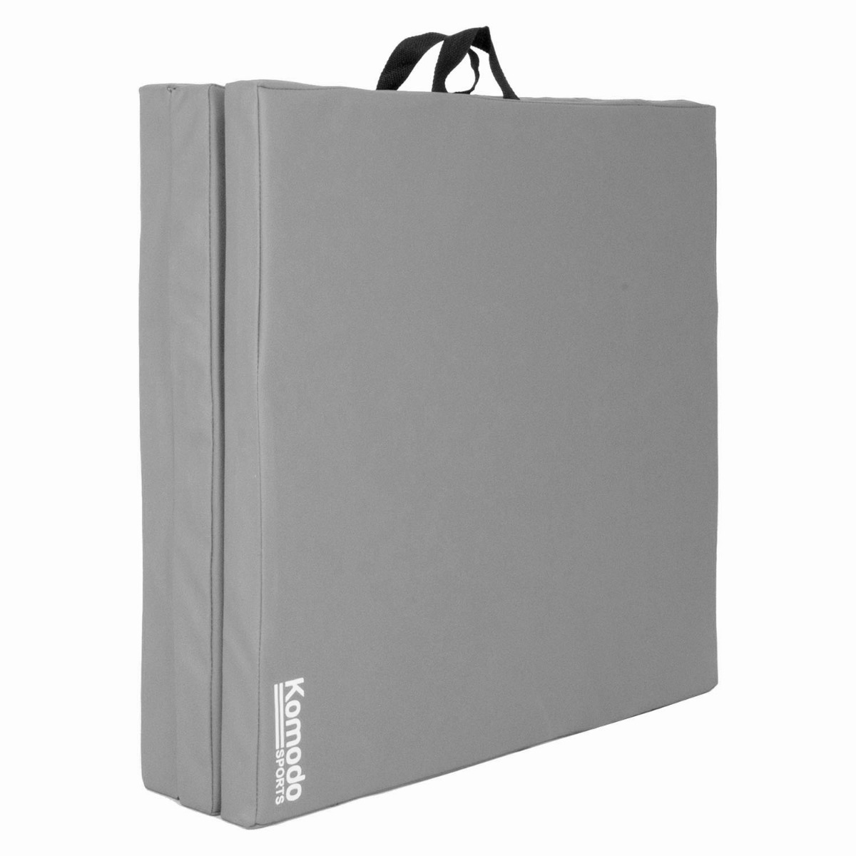 Grey Komodo tri folding yoga mat folded into three sections with built-in handles for easy carrying and storage