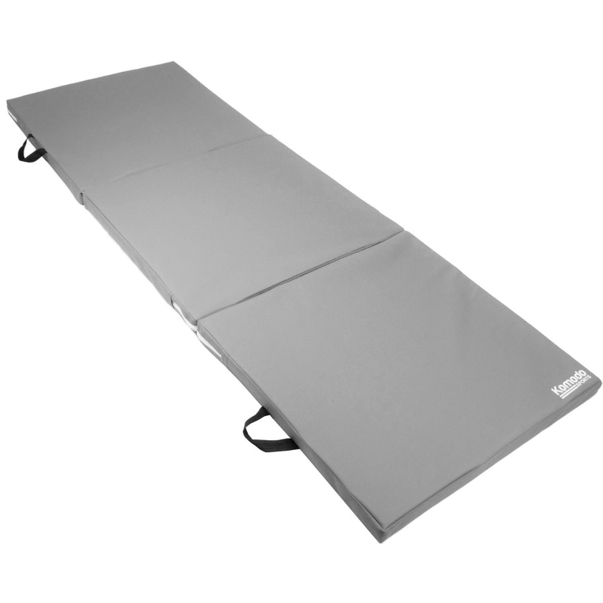 Grey Komodo tri folding pilates exercise mat folded with built-in handles for easy carrying and storage