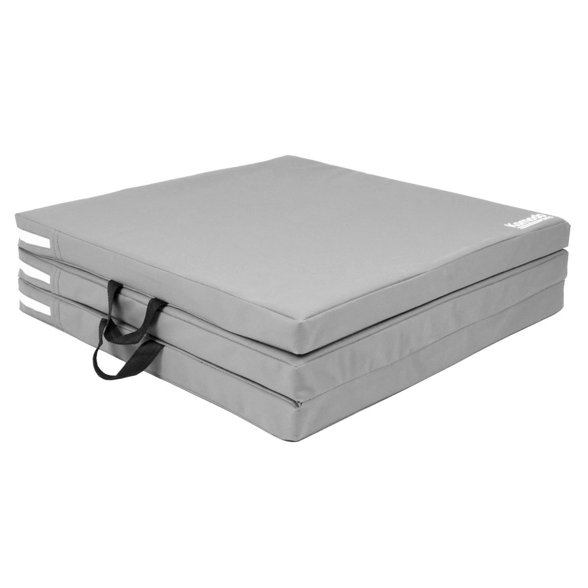 Grey Komodo tri folding portable gym mat folded with built-in handles for easy carrying and storage