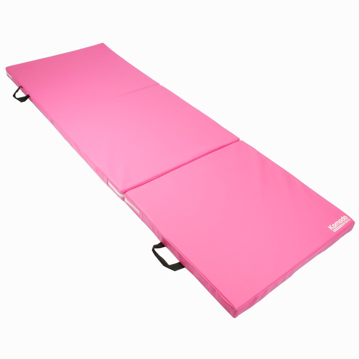 Pink Komodo tri folding pilates exercise mat folded with built-in handles for easy carrying and storage on white background