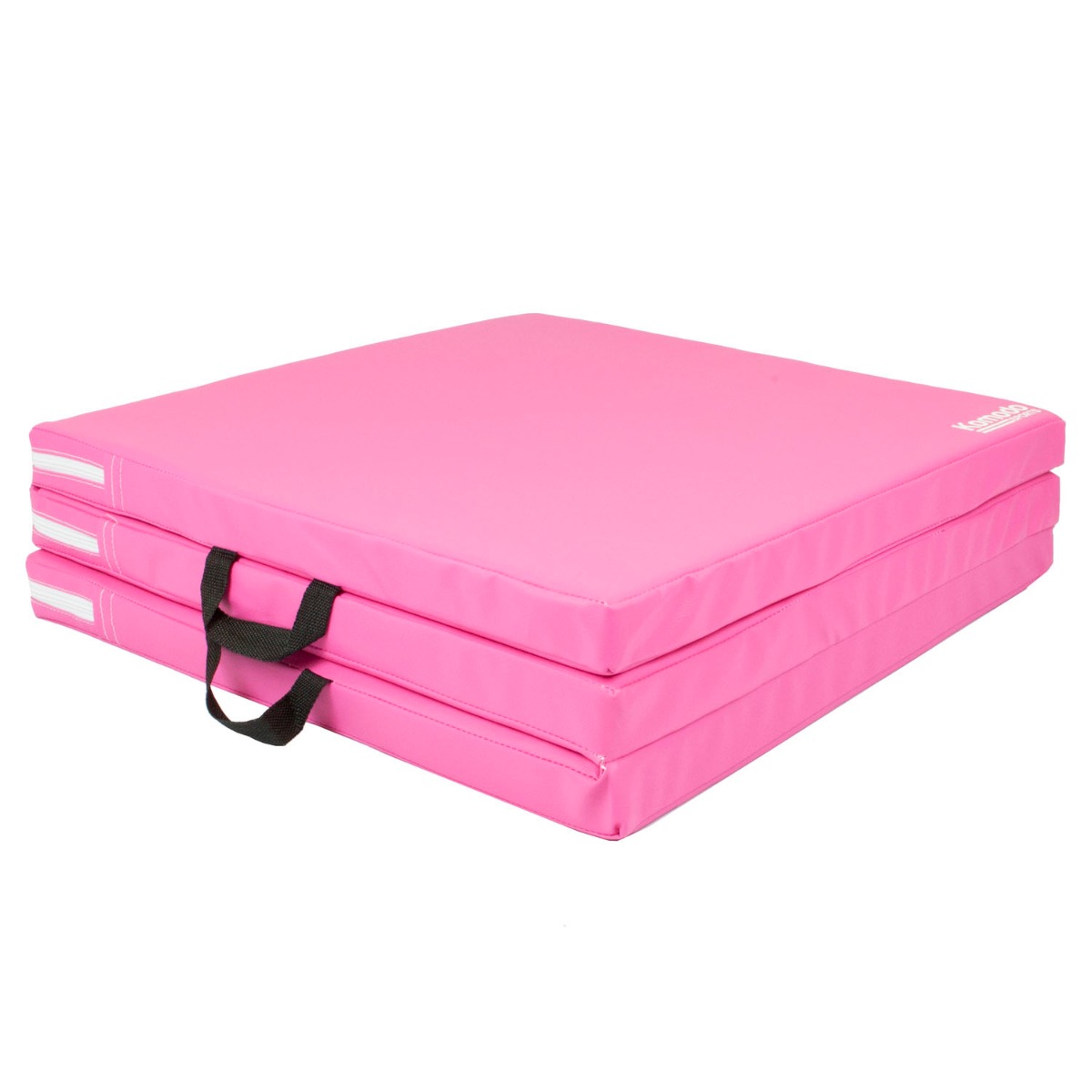 Pink Komodo tri folding portable fitness mat folded with handle for easy carrying and storage on white background