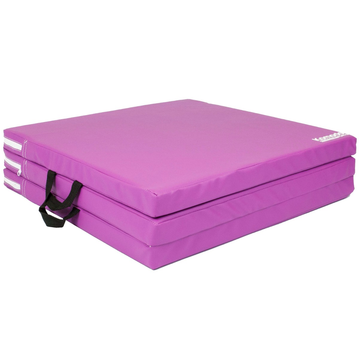 Purple Komodo tri folding portable yoga mat folded with built-in handles for easy carrying and storage on a white background