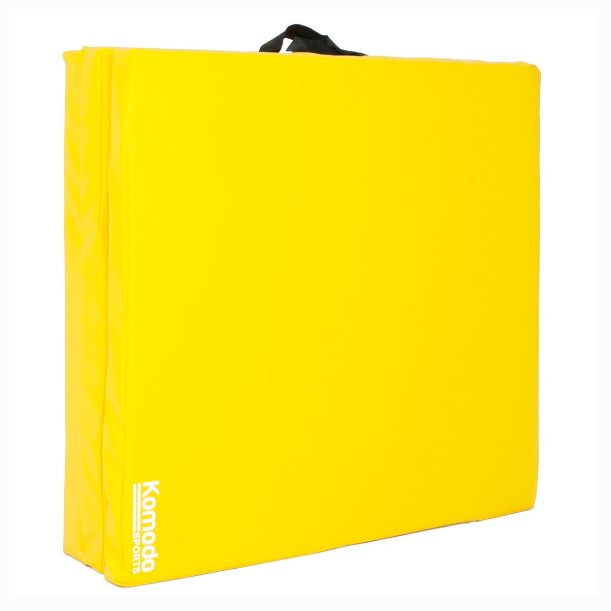 Yellow Komodo tri folding yoga mat folded with built-in handles for easy carrying and storage on a white background