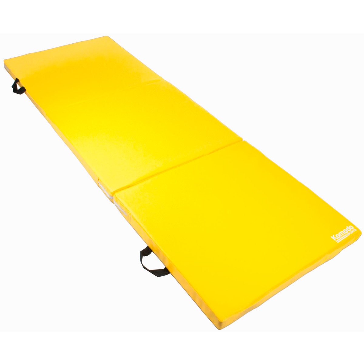Yellow Komodo tri folding pilates exercise mat folded with built-in handles for easy carrying and storage on white background