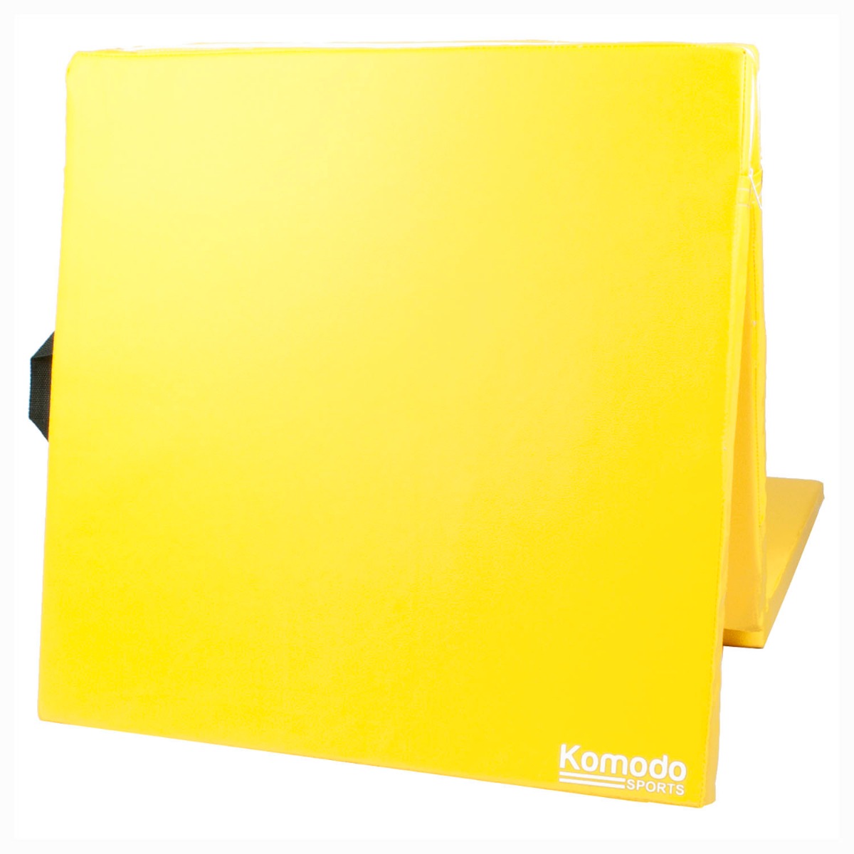 Yellow Komodo tri folding high density yoga mat folded with built-in handles for easy carrying and storage