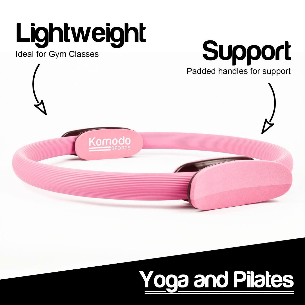 Pink 15 inch pilates ring for core with foam padded handles on white background, ideal for toning muscles and workouts