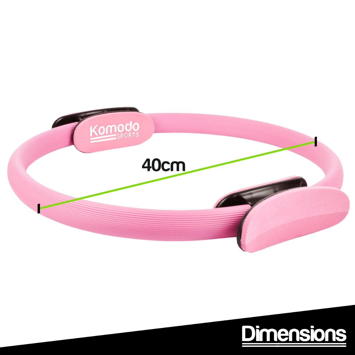 Pink 15 inch foam padded Pilates ring with curved handles resting on a white surface for yoga and fitness use